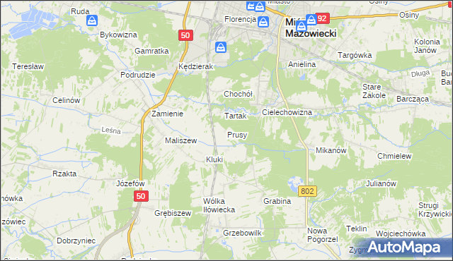 mapa Prusy gmina Mińsk Mazowiecki, Prusy gmina Mińsk Mazowiecki na mapie Targeo