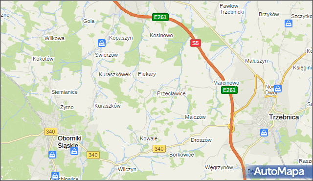 mapa Przecławice gmina Oborniki Śląskie, Przecławice gmina Oborniki Śląskie na mapie Targeo