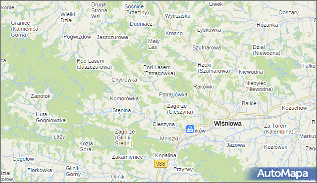 mapa Pstrągówka gmina Wiśniowa, Pstrągówka gmina Wiśniowa na mapie Targeo