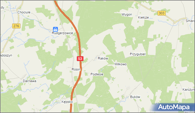 mapa Raków gmina Świebodzin, Raków gmina Świebodzin na mapie Targeo