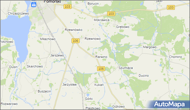 mapa Rarwino gmina Kamień Pomorski, Rarwino gmina Kamień Pomorski na mapie Targeo