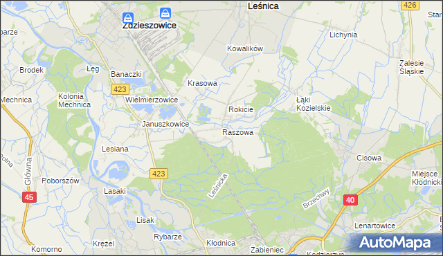 mapa Raszowa gmina Leśnica, Raszowa gmina Leśnica na mapie Targeo