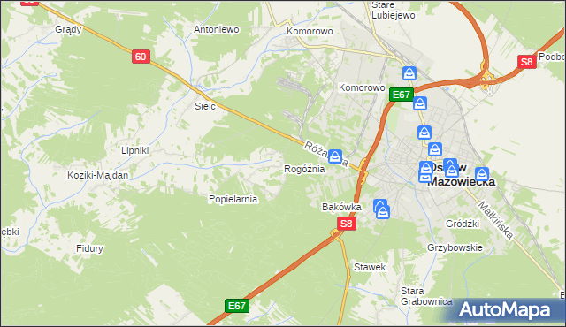 mapa Rogóźnia gmina Ostrów Mazowiecka, Rogóźnia gmina Ostrów Mazowiecka na mapie Targeo