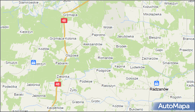 mapa Romanów gmina Wyśmierzyce, Romanów gmina Wyśmierzyce na mapie Targeo