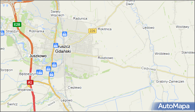 mapa Roszkowo gmina Pruszcz Gdański, Roszkowo gmina Pruszcz Gdański na mapie Targeo