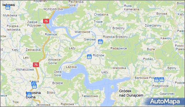 mapa Rożnów gmina Gródek nad Dunajcem, Rożnów gmina Gródek nad Dunajcem na mapie Targeo