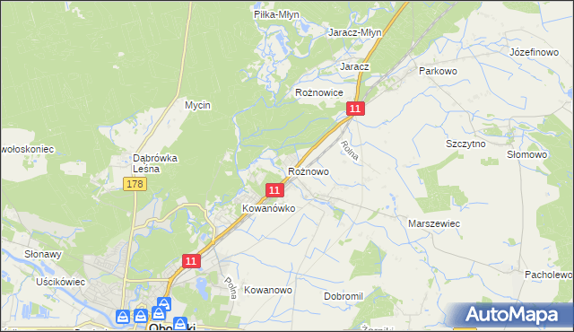 mapa Rożnowo gmina Oborniki, Rożnowo gmina Oborniki na mapie Targeo