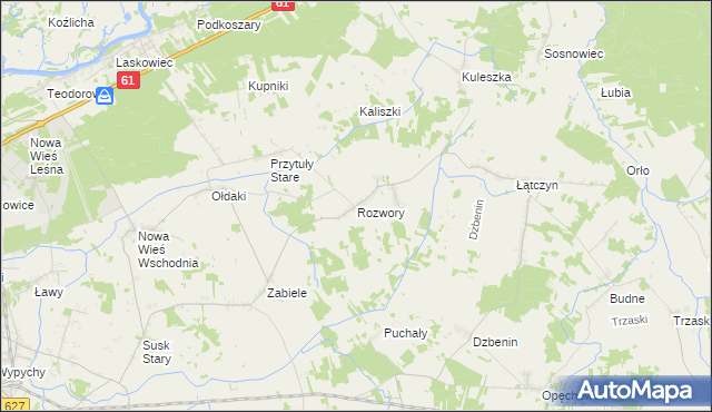 mapa Rozwory gmina Rzekuń, Rozwory gmina Rzekuń na mapie Targeo