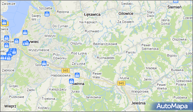 mapa Rychwałdek, Rychwałdek na mapie Targeo