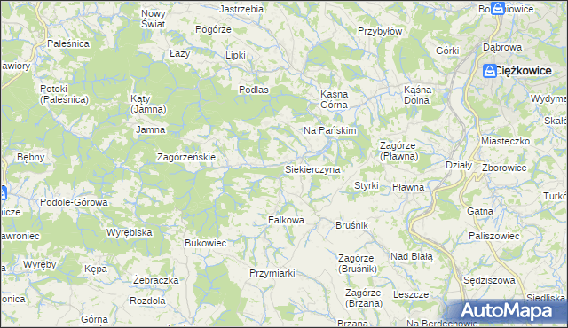 mapa Siekierczyna gmina Ciężkowice, Siekierczyna gmina Ciężkowice na mapie Targeo
