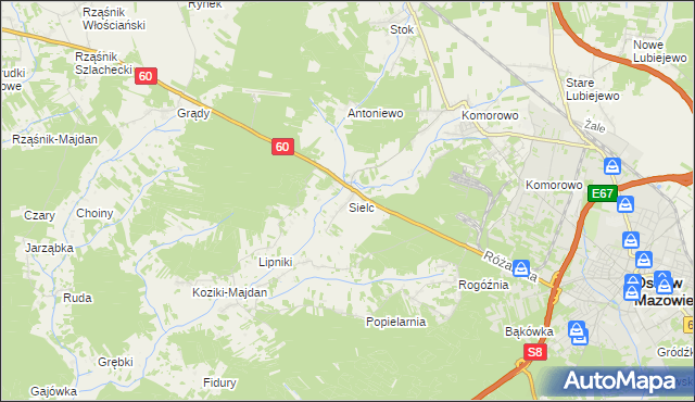 mapa Sielc gmina Ostrów Mazowiecka, Sielc gmina Ostrów Mazowiecka na mapie Targeo
