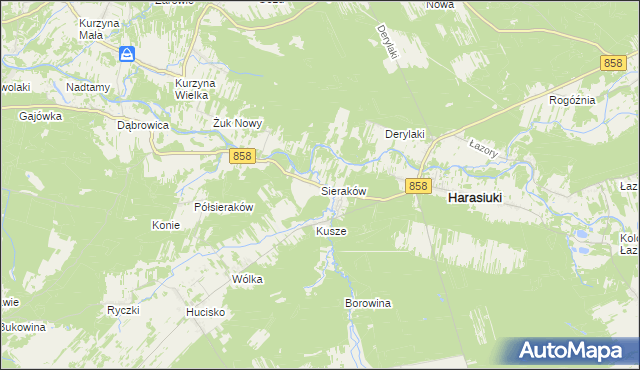 mapa Sieraków gmina Harasiuki, Sieraków gmina Harasiuki na mapie Targeo