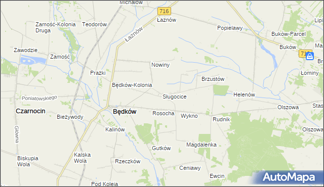 mapa Sługocice gmina Będków, Sługocice gmina Będków na mapie Targeo