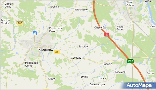 mapa Sokołów gmina Kożuchów, Sokołów gmina Kożuchów na mapie Targeo