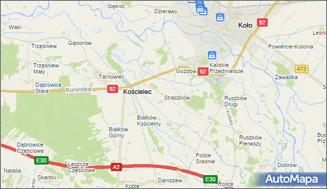 mapa Straszków gmina Kościelec, Straszków gmina Kościelec na mapie Targeo