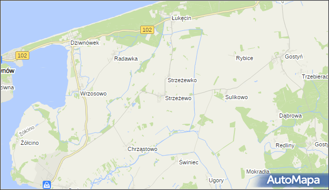 mapa Strzeżewo gmina Kamień Pomorski, Strzeżewo gmina Kamień Pomorski na mapie Targeo