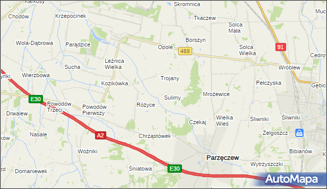 mapa Sulimy gmina Parzęczew, Sulimy gmina Parzęczew na mapie Targeo