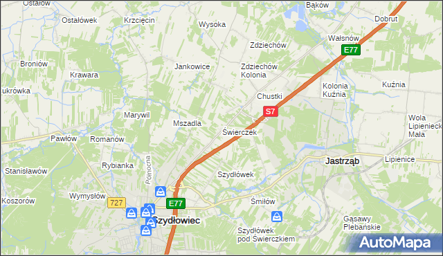 mapa Świerczek gmina Szydłowiec, Świerczek gmina Szydłowiec na mapie Targeo