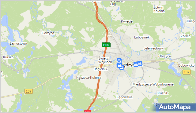 mapa Święty Wojciech gmina Międzyrzecz, Święty Wojciech gmina Międzyrzecz na mapie Targeo