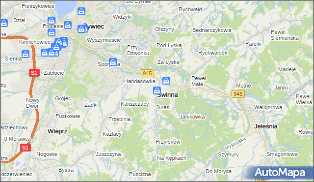 mapa Świnna powiat żywiecki, Świnna powiat żywiecki na mapie Targeo