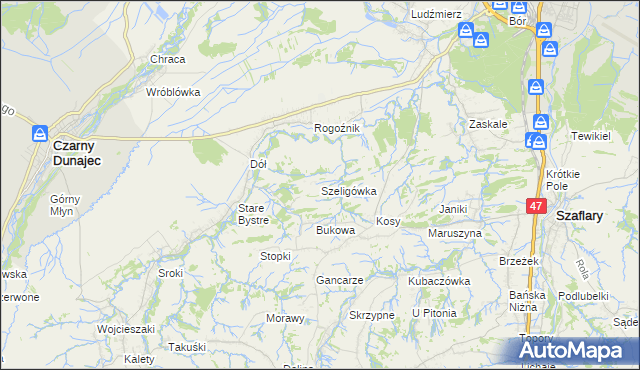 mapa Szeligówka gmina Czarny Dunajec, Szeligówka gmina Czarny Dunajec na mapie Targeo