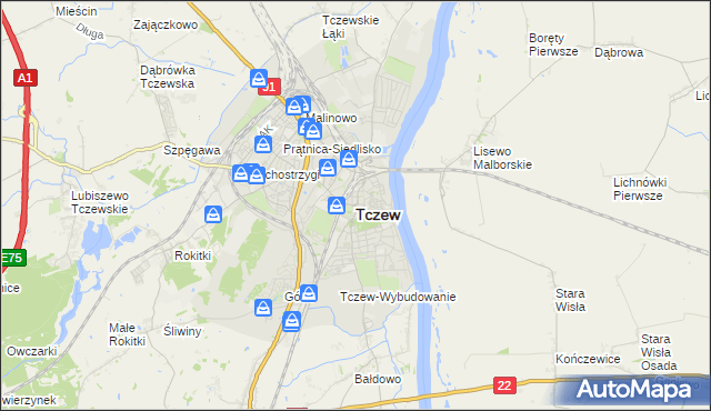 mapa Tczew, Tczew na mapie Targeo