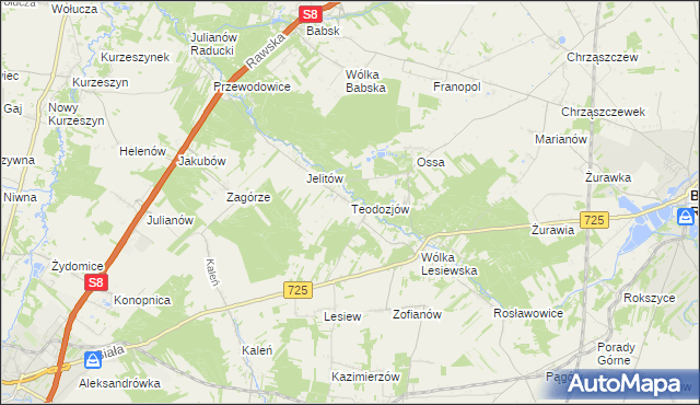 mapa Teodozjów gmina Biała Rawska, Teodozjów gmina Biała Rawska na mapie Targeo