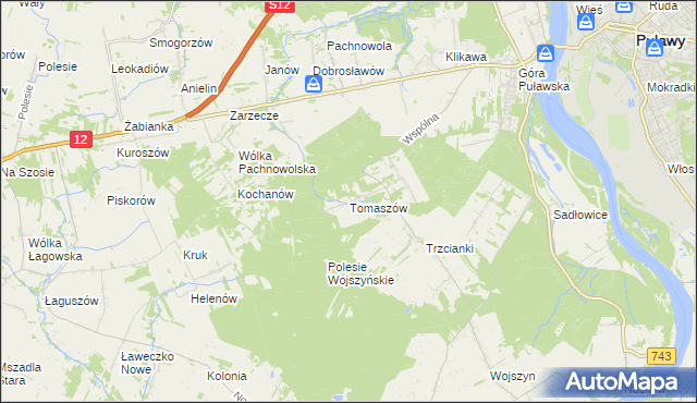 mapa Tomaszów gmina Puławy, Tomaszów gmina Puławy na mapie Targeo