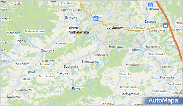 mapa Toporzysko gmina Jordanów, Toporzysko gmina Jordanów na mapie Targeo