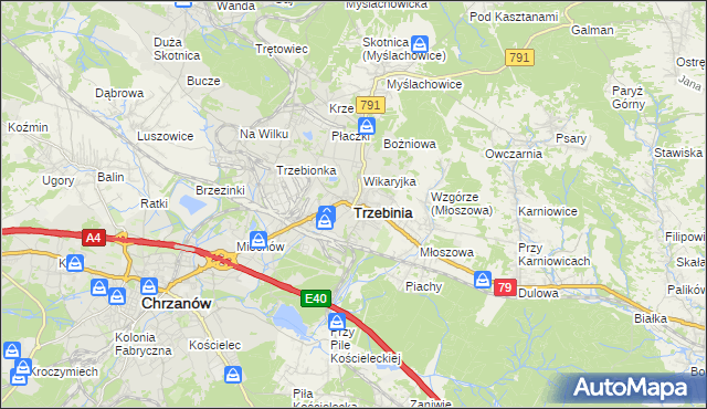 mapa Trzebinia powiat chrzanowski, Trzebinia powiat chrzanowski na mapie Targeo