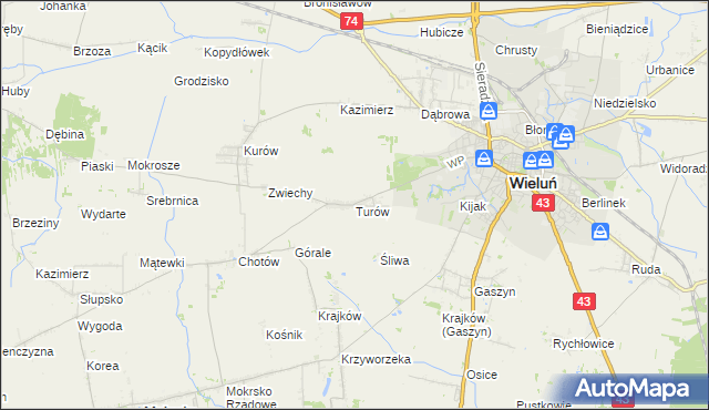 mapa Turów gmina Wieluń, Turów gmina Wieluń na mapie Targeo