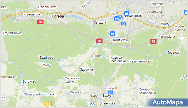 mapa Turza gmina Łazy, Turza gmina Łazy na mapie Targeo