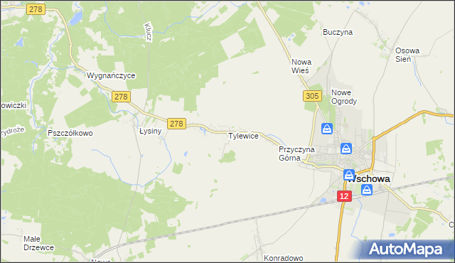 mapa Tylewice, Tylewice na mapie Targeo