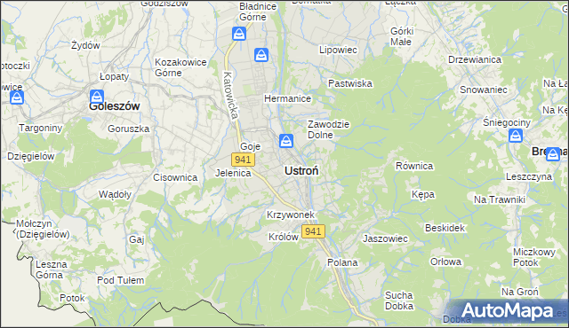 mapa Ustroń powiat cieszyński, Ustroń powiat cieszyński na mapie Targeo