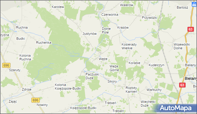 mapa Węże gmina Sokołów Podlaski, Węże gmina Sokołów Podlaski na mapie Targeo