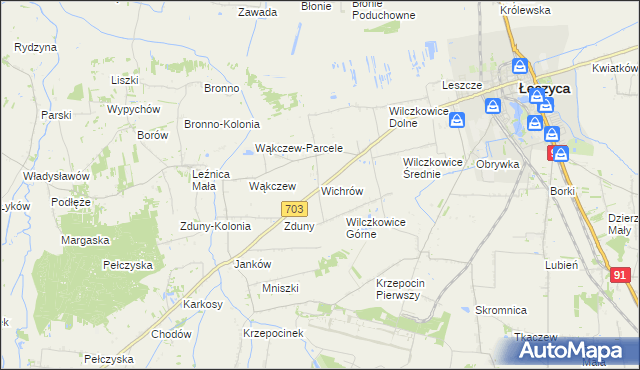 mapa Wichrów gmina Łęczyca, Wichrów gmina Łęczyca na mapie Targeo