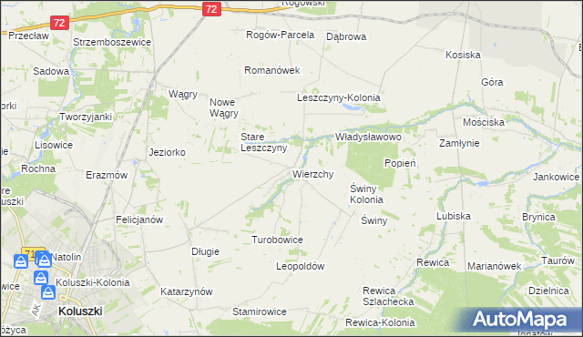 mapa Wierzchy gmina Koluszki, Wierzchy gmina Koluszki na mapie Targeo