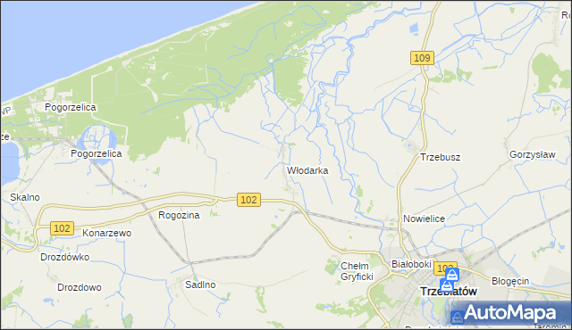 mapa Włodarka gmina Trzebiatów, Włodarka gmina Trzebiatów na mapie Targeo