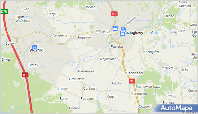 mapa Wojsławice gmina Koziegłowy, Wojsławice gmina Koziegłowy na mapie Targeo