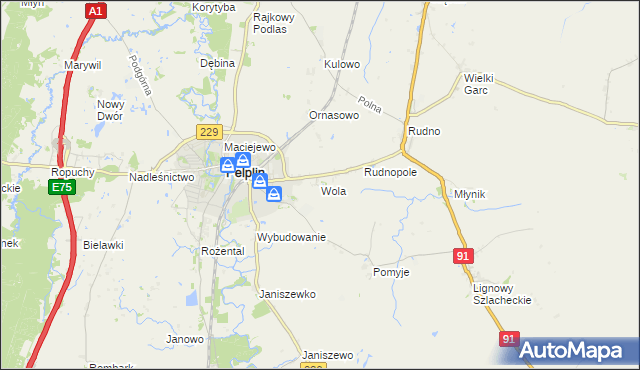 mapa Wola gmina Pelplin, Wola gmina Pelplin na mapie Targeo