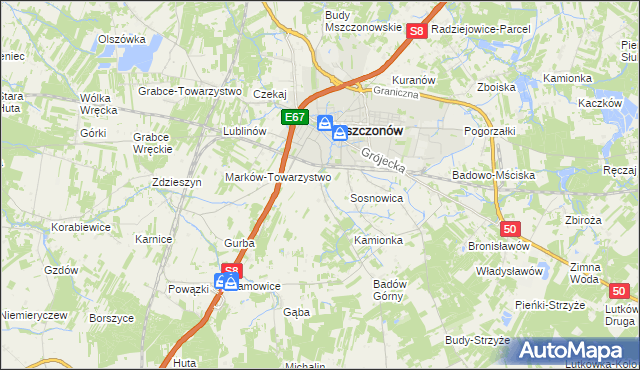 mapa Wymysłów gmina Mszczonów, Wymysłów gmina Mszczonów na mapie Targeo