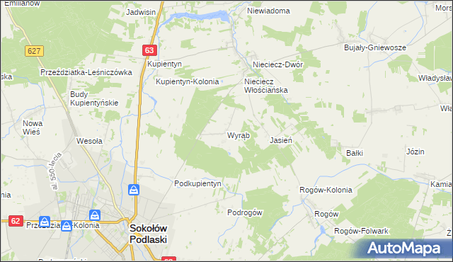 mapa Wyrąb gmina Sokołów Podlaski, Wyrąb gmina Sokołów Podlaski na mapie Targeo