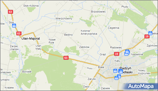 mapa Żabików gmina Radzyń Podlaski, Żabików gmina Radzyń Podlaski na mapie Targeo