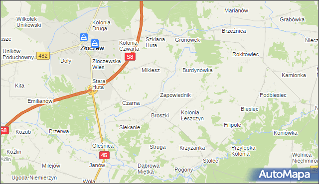 mapa Zapowiednik gmina Złoczew, Zapowiednik gmina Złoczew na mapie Targeo