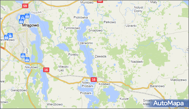 mapa Zawada gmina Mrągowo, Zawada gmina Mrągowo na mapie Targeo