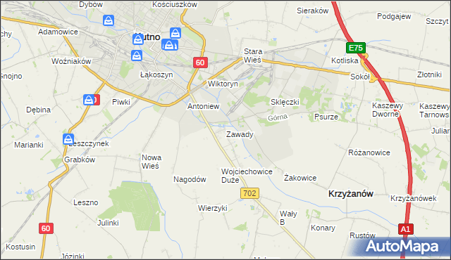 mapa Zawady gmina Krzyżanów, Zawady gmina Krzyżanów na mapie Targeo