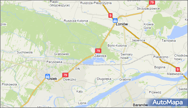 mapa Zawidza gmina Łoniów, Zawidza gmina Łoniów na mapie Targeo