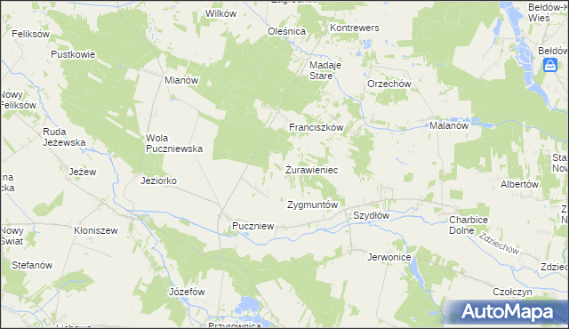 mapa Żurawieniec gmina Lutomiersk, Żurawieniec gmina Lutomiersk na mapie Targeo