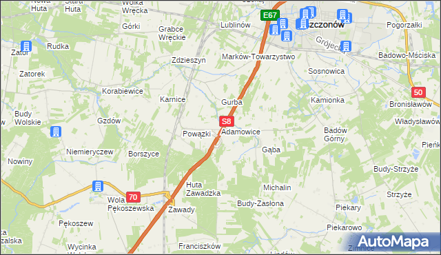 mapa Adamowice gmina Mszczonów, Adamowice gmina Mszczonów na mapie Targeo