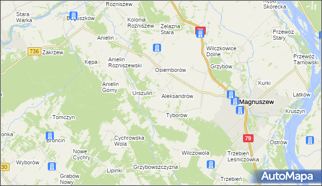 mapa Aleksandrów gmina Magnuszew, Aleksandrów gmina Magnuszew na mapie Targeo